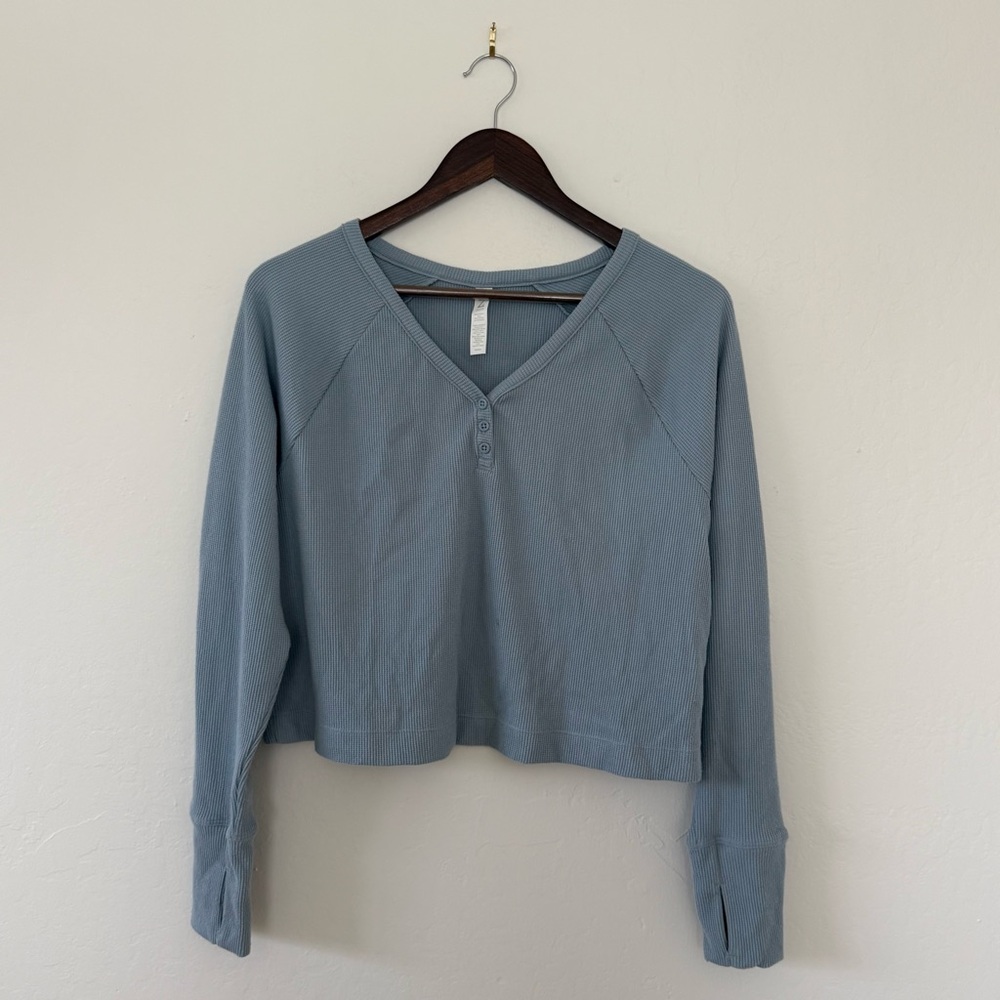Z by Zella Zen Waffle Knit Henley Top Blue Fog S